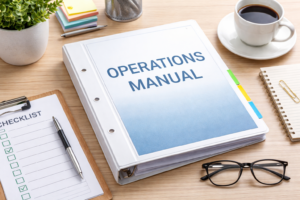 Operations manual binder on a desk with checklist and coffee