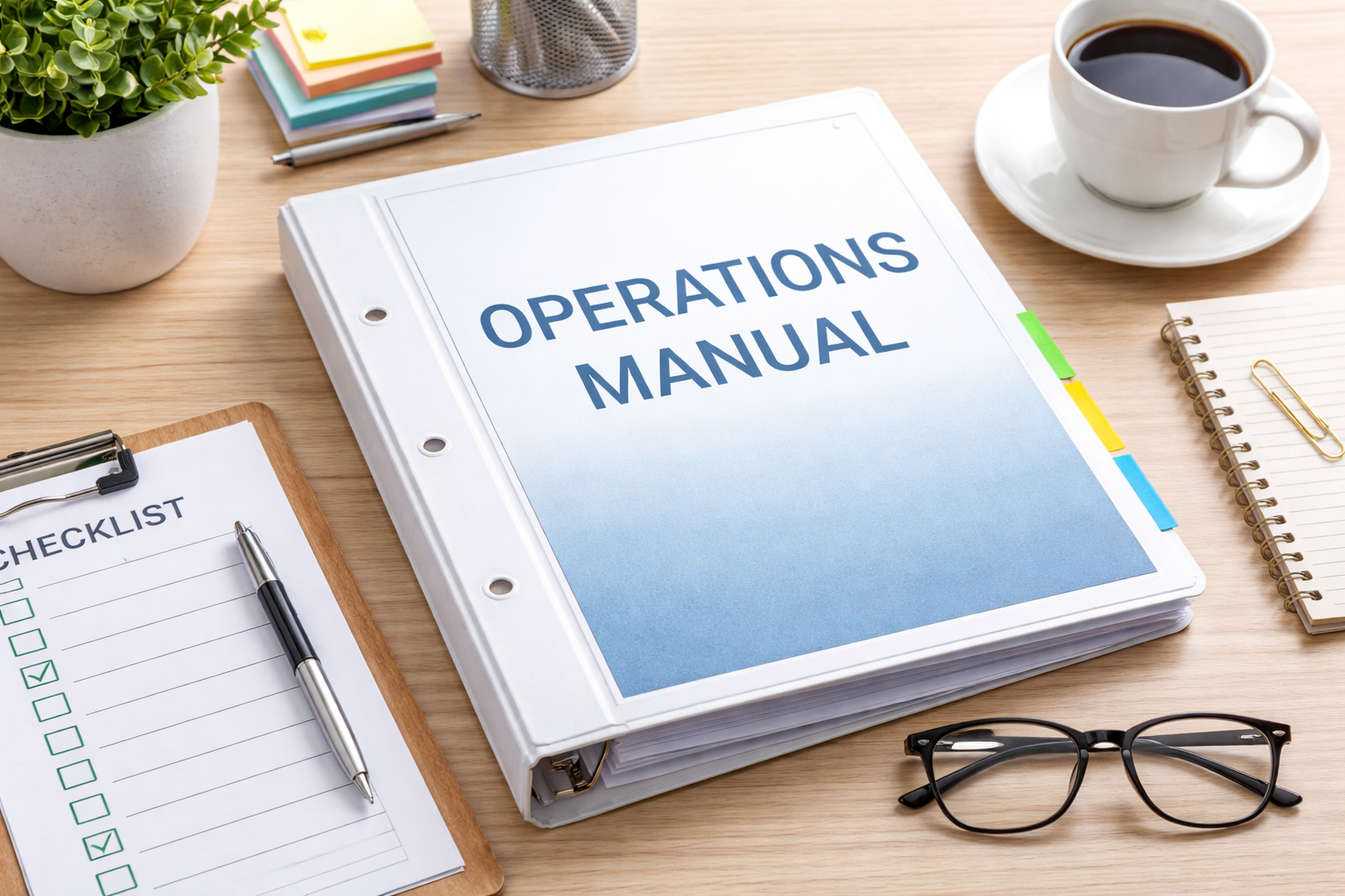Operations manual binder on a desk with checklist and coffee